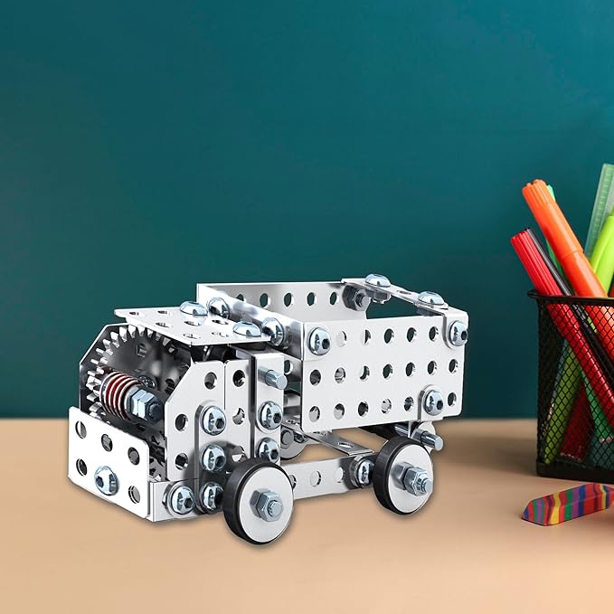 Schylling Steel Works Mechanical Multi-Model - Steel Building Set - Includes 300 Pieces, Tools, and Instructions to Make 10 Different Models - Ages 8 and Up