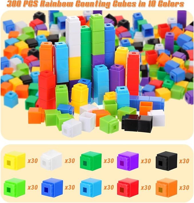 Jenaai 300 Pcs Counting Cubes, Plastic Connecting Blocks, Colorful Math Cubes, Math Manipulatives Classroom Learning Supplies, Preschool Learning Materials, Counting Toys (Simple Style)