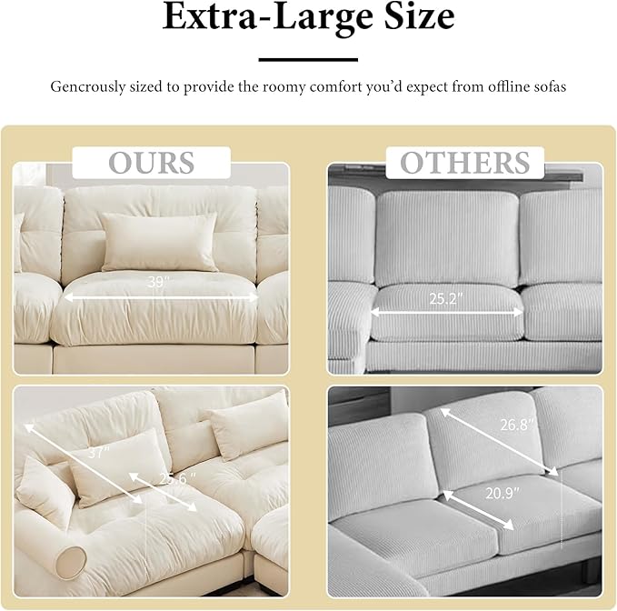 166" Oversized Couch, 4 Seater Modular Sectional Sofa, Beige White Large Sectional Couches for Living Room, Fluffy Couch Set, 4 Seater Velvet Cloud Couches with 6 Pillows, Deep Seat for Living Room