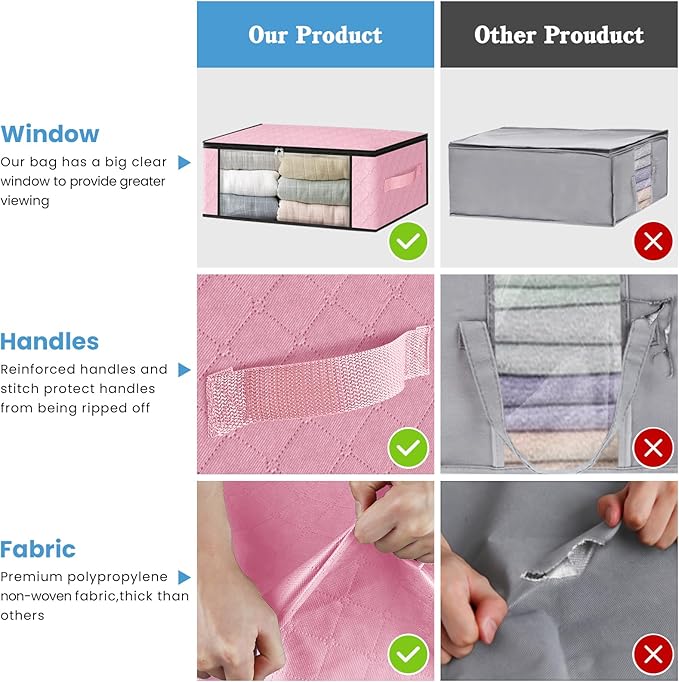 HomeHacks Storage 6-Pack Clothes Organizer Storage Bags Foldable Storage Box with Large Clear Window Sturdy Handles for Closet, Dorm, Pillows, Bedding, Clothes, Blankets, 35L, Pink