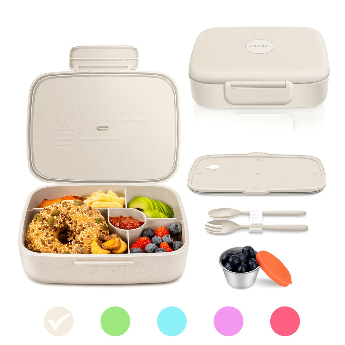 ANDMOON Bento Lunch Box with Kids/Adults, 5 Compartments Leakproof Lunch Container with Dressing Cup, Eco-Friendly Double Insulated Boxes, Dishwasher and Microwave Safe, BPA-Free (green)