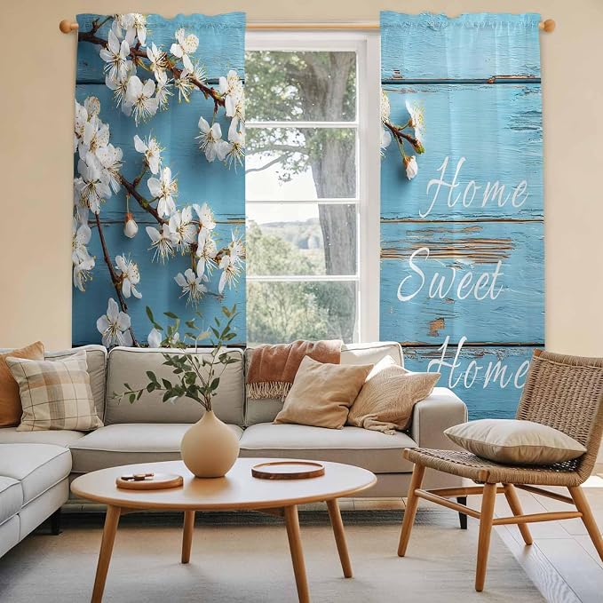 Farmhouse Wooden Grain Kitchen Curtains, Vintage Shabby Chic Flower Blue Light