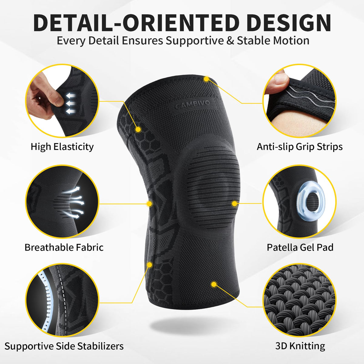 CAMBIVO Knee Brace for Knee Pain, Medical Grade Knee Compression Sleeve with Side Stabilizers & Patella Gel Pad for Meniscus Tear, Arthritis, ACL, Running,Workout, Daily Use(Black, Large)