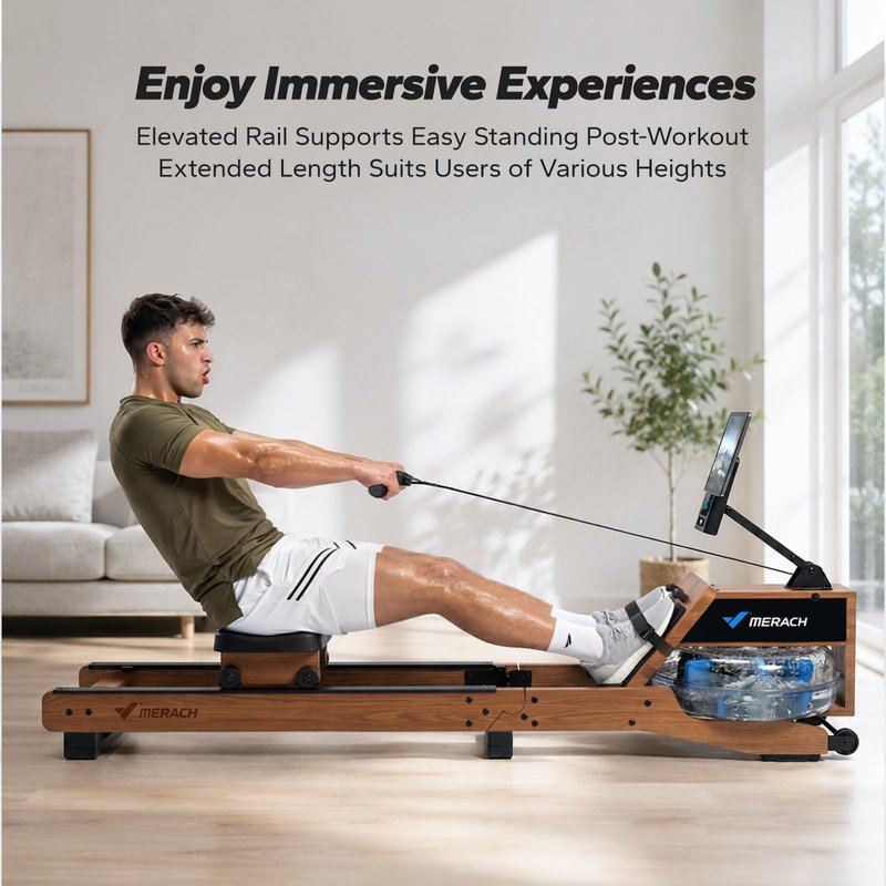 MERACH Water Rowing Machines for Home, Wood Rower Machine with 12 Enhanced Resistance Blades, Upgraded Handle, Adjustable Footpad, Dedicated Monitor & Bluetooth App