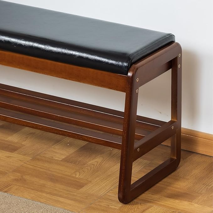 SOBIBO Solid Wood Shoe Bench, 2-Tier Entryway Bench with Cushion and Flip-Open Storage Box, Mid-Century Modern Shoe Bench Rack for Hallway, Mudroom(Black, 21.65'')