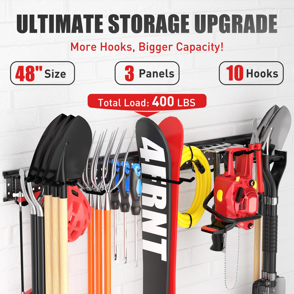 ZICANYCO Garage Tool Organizer Wall Mount 49.5 inches with 10 Adjustable Heavy-Duty Hooks, Garage Organization, Garden Tool Storage Rack, Yard, and Shed, Holds Up to 400 lbs
