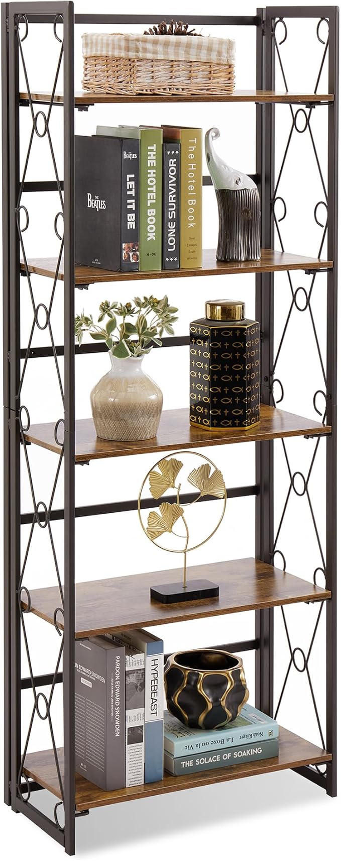 VECELO Folding Bookshelf, 5-Tier Foldable Bookcase Easy Assembly, Industrial Tall Book Shelf Storage Organizer for Living Room/Home Office