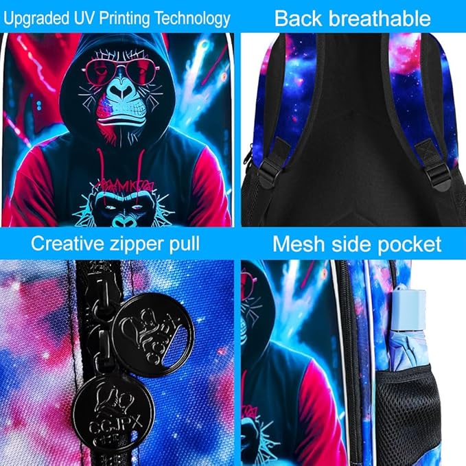 gxtvo 3PCS Game Backpack for Kids, 17" Boys Gorilla Bookbag with Lunch Box, Water Resistant Middle Elementary School Bag - Gaming Gorilla