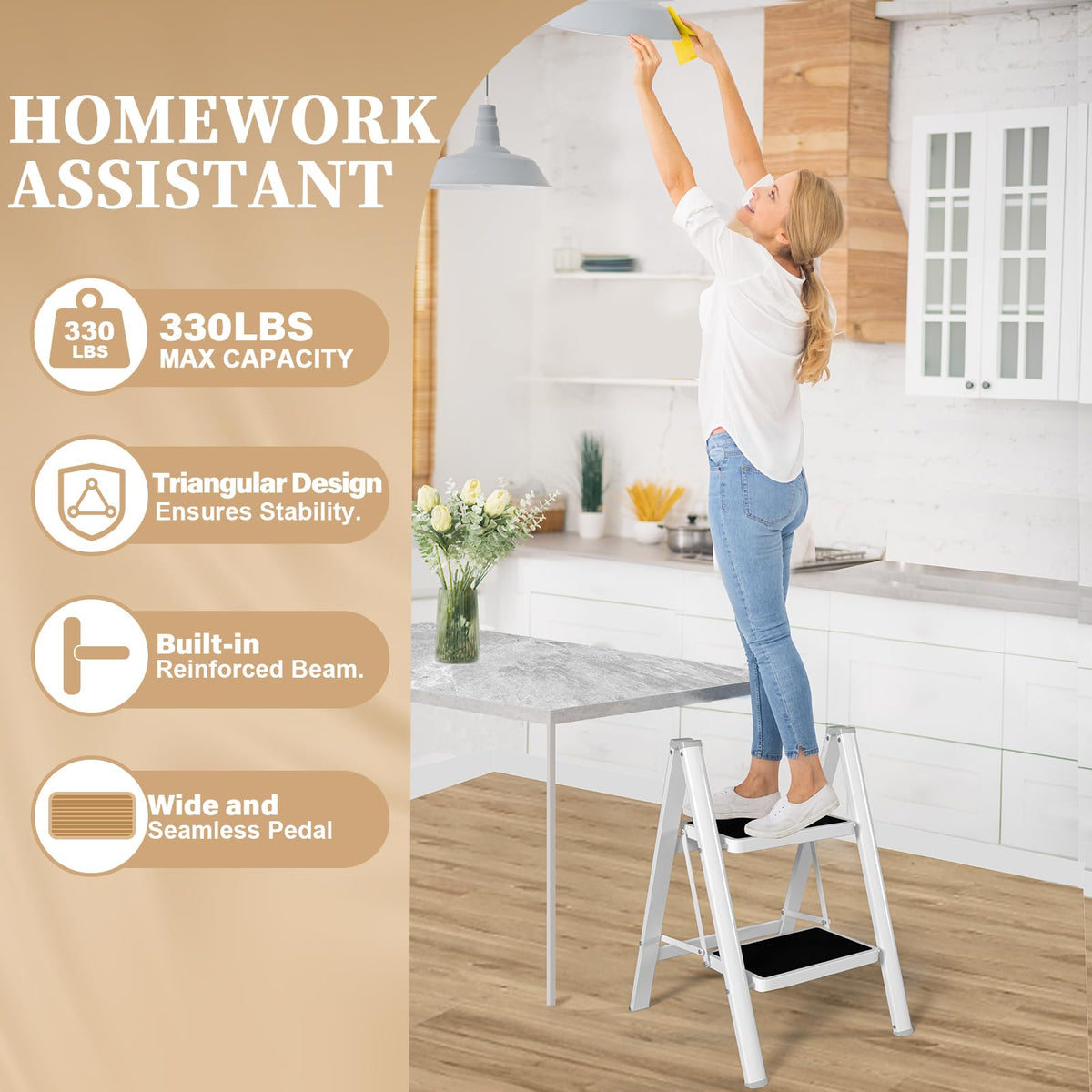HBTower Step Ladder, Step Ladder Folding Step Stool, Portable Sturdy Steel Stool for Adults with Anti-Slip Wide Pedals Home Outdoor Kitchen, White
