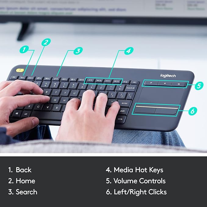 Logitech K400 Plus Wireless Touch TV Keyboard with Easy Media Control and Built-in Touchpad, HTPC Keyboard for PC-Connected TV, Windows, Android, ChromeOS, Laptop, Tablet - Black