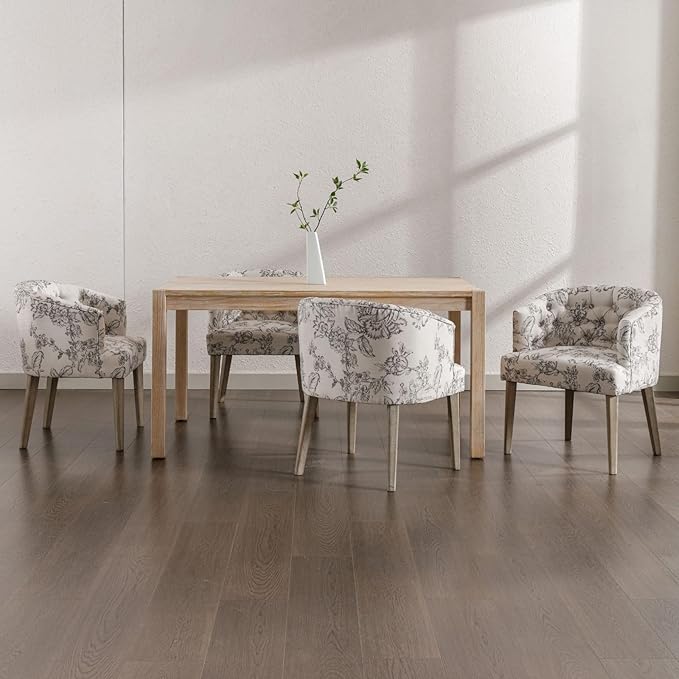 DUOMAY Modern Tufted Dining Chairs Set of 4, Linen Upholstered Side Chair, Comfy Accent Barrel Chair with Wood Legs for Home Kitchen Dining Room Living Room Restaurant, Beige Flower Pattern