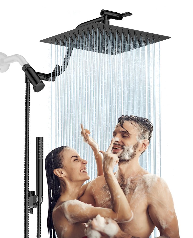 HOPOPRO 10” All Metal Rainfall Shower Head Combo with Handheld Spray, High Pressure Showerhead Combination, Adjustable Dual Showerheads with Extension Arm, Full-Body Coverage Shower Experience, Black
