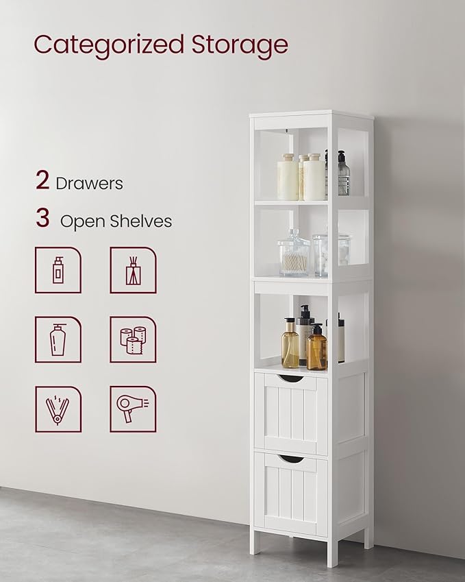 VASAGLE Storage Cabinet, Storage Organizer Rack Stand for Bathroom, Living Room, Bedroom, Multifunctional Corner Unit, 2 Drawers, 55.7 Inches in Height, White UBBC66WT