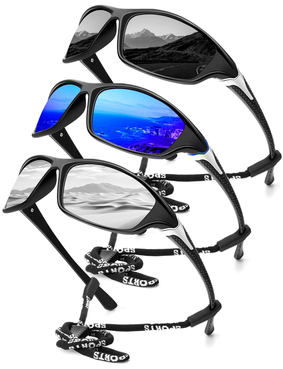 KALIYADI Sports Polarized Sunglasses Men UV400 Protection for Fishing Driving Cycling, Black/Blue/Silver, 3 Pack