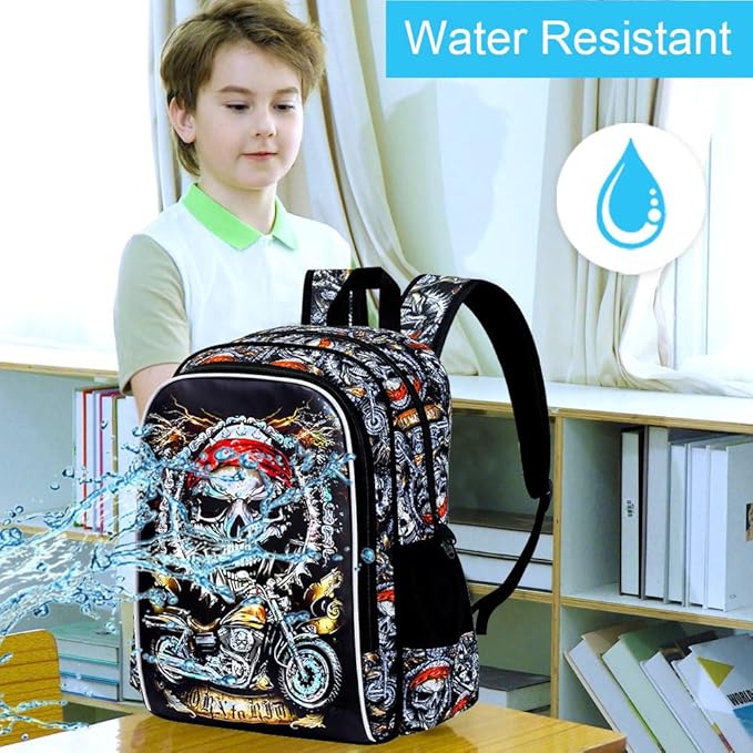 KLFVB 3PCS Kids Bookbag, 17" Boys Backpack and Lunch Box, Water Resistant Teenagers School Bag for Middle Elementary - Skeleton Motorcycle