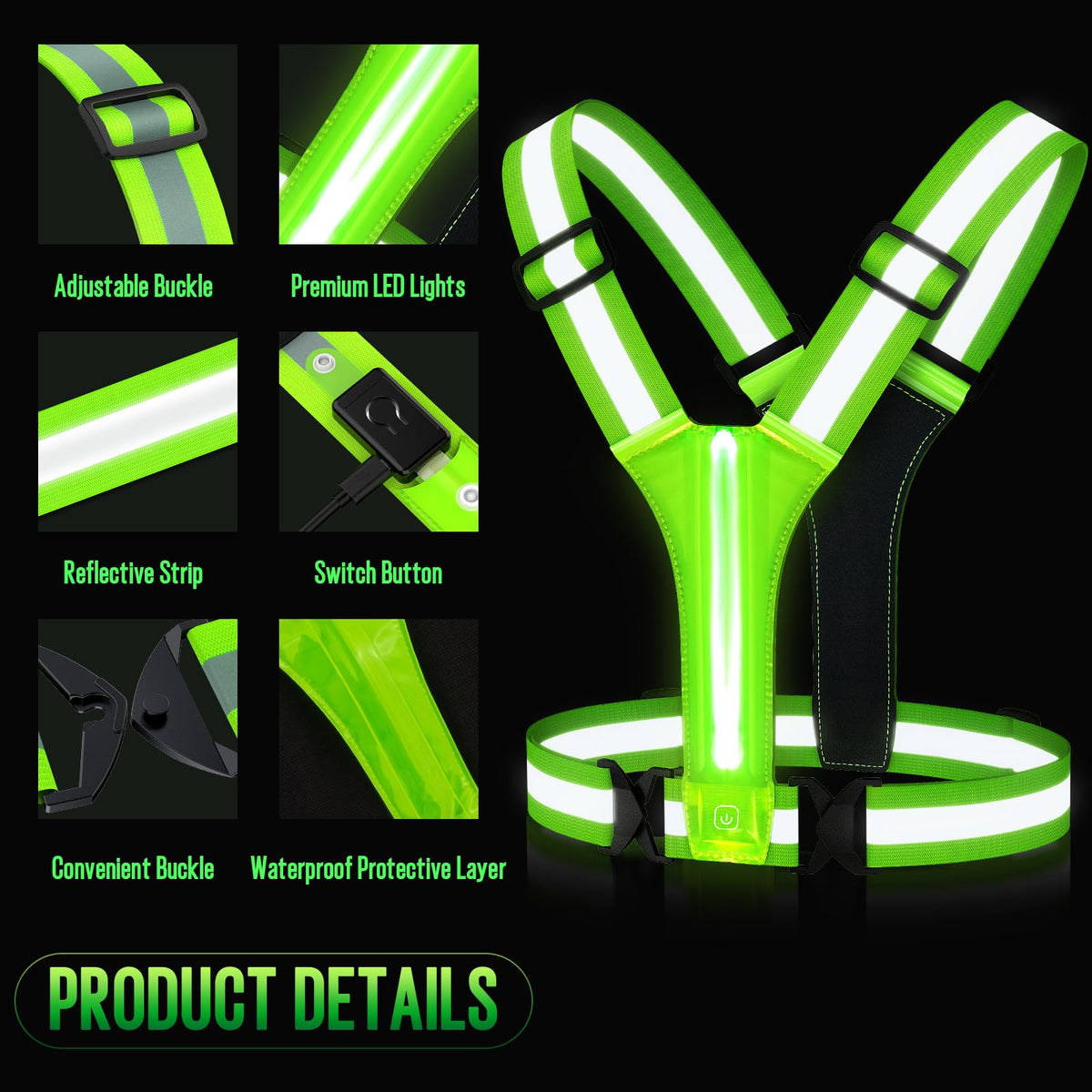 LED Reflective Vest Running Gear, Lights Up Vest Rechargeable, High Visibility Reflective Running Gear for Night Walking Cycling Jogging