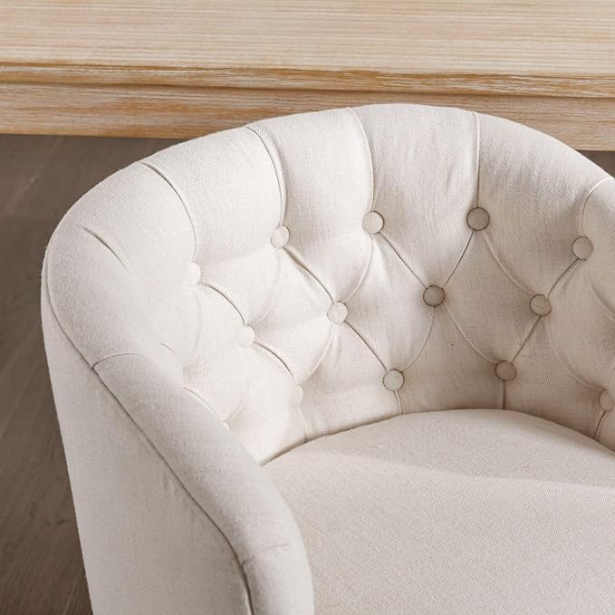 DUOMAY Modern Tufted Dining Chairs Set of 6, Linen Upholstered Side Chair, Comfy Accent Barrel Chair with Wood Legs for Home Kitchen Dining Room Living Room Restaurant, White