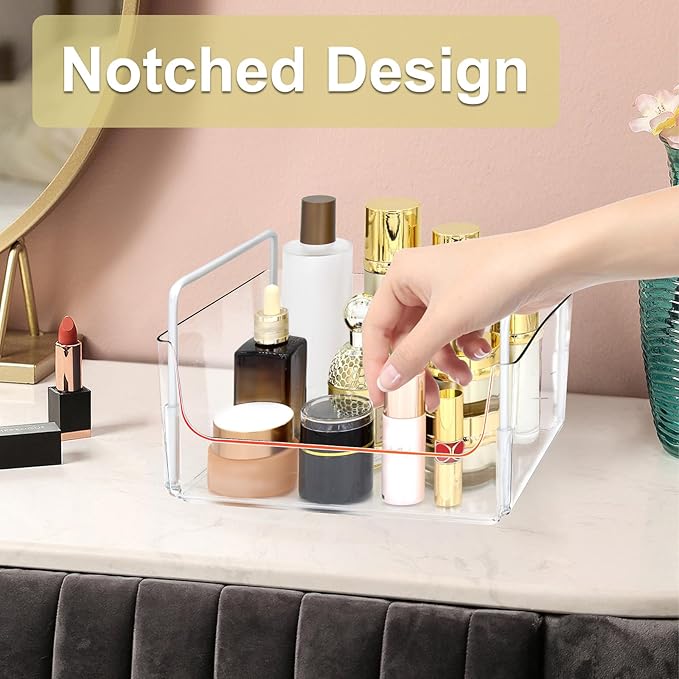 Clear Makeup Organizer Tray with Handles Bathroom & Vanity Storage for Cosmetics, Skincare - Countertop Organizer Kitchen Cabinet Storage Tray