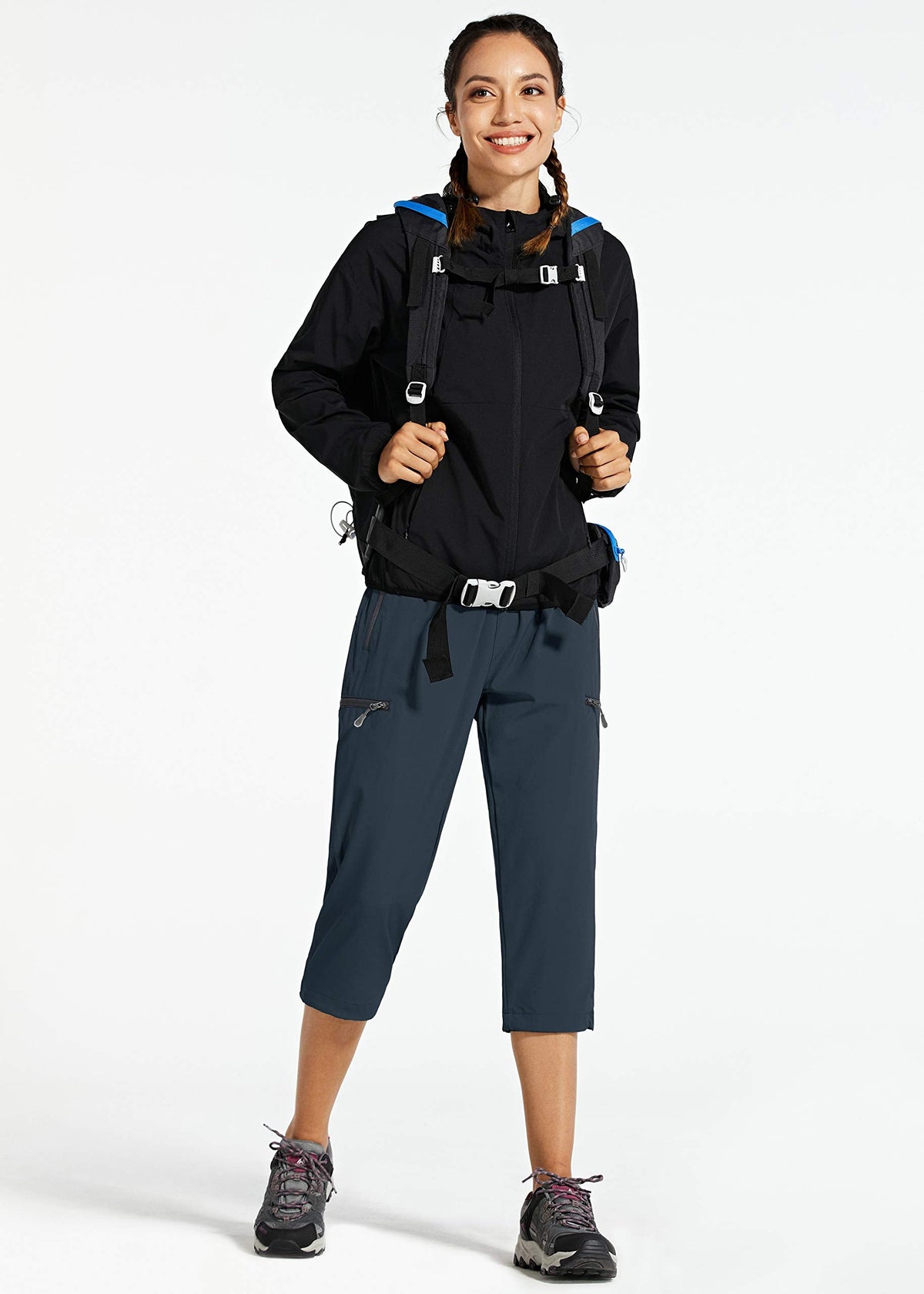 Libin Women's Capri Pants Lightweight Quick Dry Cargo Hiking Capris Travel Casual Cropped Pants Zipper Pockets, Navy M