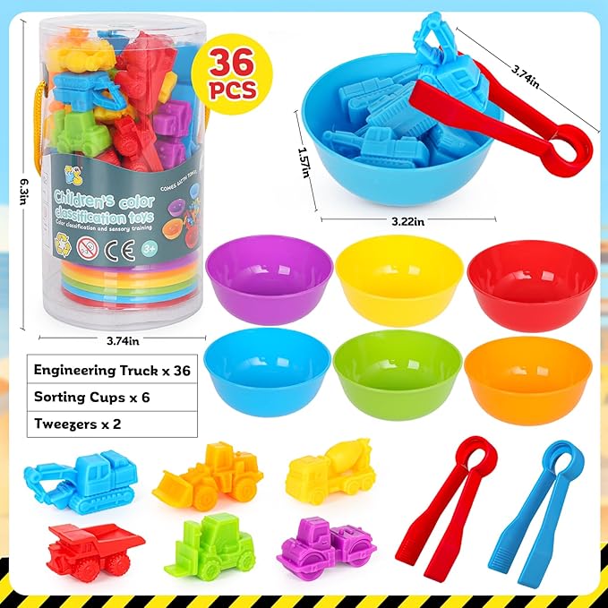 Counting Construction Vehicles Color Sorting Matching Games for Toddlers 3-5, Preschool Educational Learning Fine Motor Counting Transportation Matching Classroom Sensory Table Toys for Boys Girls