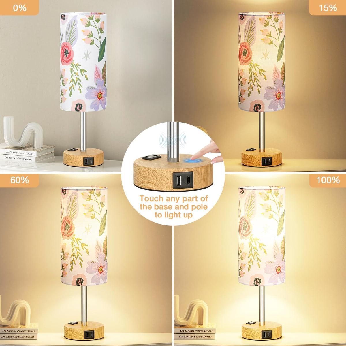 Fenmzee Floral Touch Lamp for Bedroom- 3 Way Dimmable Bedside Lamp USB C A Charging Ports and AC Outlet, Small Table Lamp Floral Linen Lampshade for Gift, LED Bulb Included