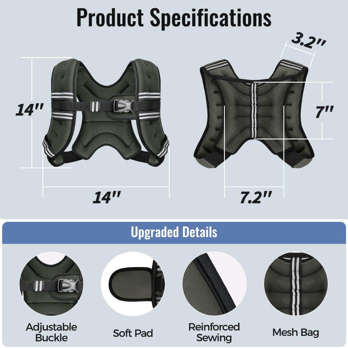Zeerun Weighted Vest, 6lb/8lb/10lb/12lb/15lb/18lb/20lb/24lb/30lb for Men Women, Reflective Stripe Adjustable Buckle, Comfortable Durable Rucking Vest for Walking Running Strength Training, 10LBS-Gray