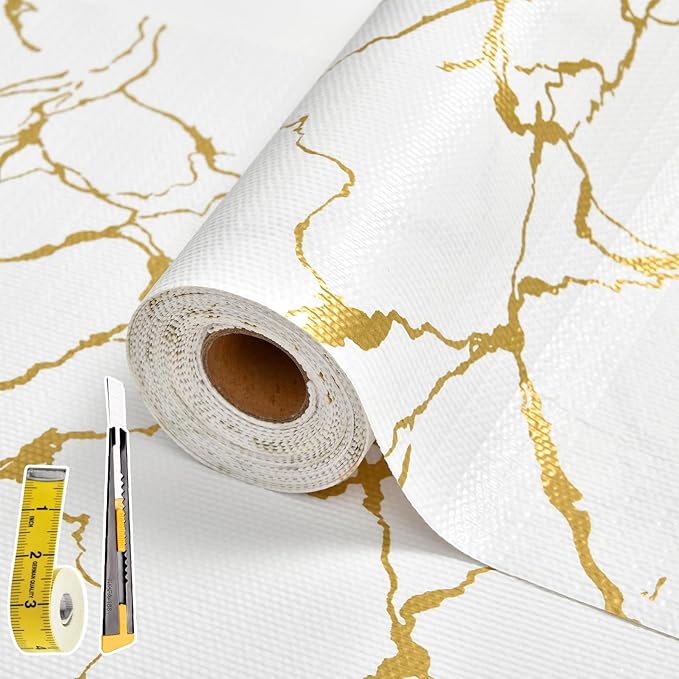 Drawer and Shelf Liner for Kitchen Cabinet Non Slip Waterproof Shelf Paper 23.6 in X 30 Ft Non Adhesive Refrigerator Liners Gold White Marble Easy Liners for Bathroom Cupboard