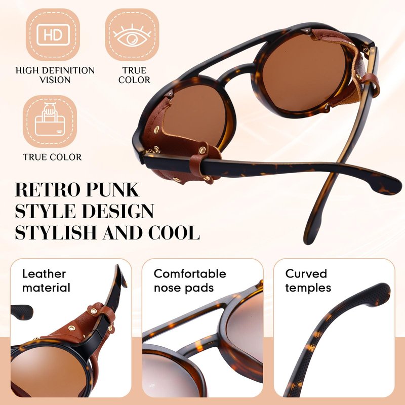 Weewooday 3 Pairs Retro Round Steampunk Sunglasses with Faux Leatherwear for Men Women (Retro Color)
