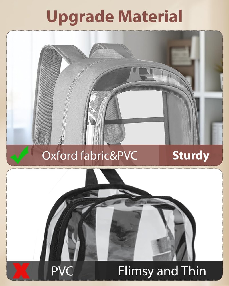 KIMNERPU Clear Backpack, Fabric & PVC Transparent Backpack with Reinforced Strap for Women Men, Heavy Duty Transparent Bookbag, Large Capacity Clear Bag, Travel, Security, Grey