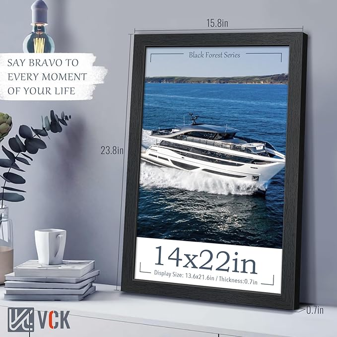 VCK 14x22 Picture Frame, Exclusive Black Woodgrain Poster Frame with Polished Plexiglass, Wall Hanging