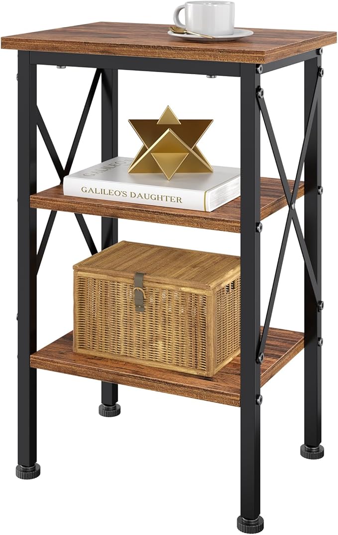 VECELO End Table, Bedside Table, 24" Tall Living Room End Tables, X-Design Reinforced Nightstands, Side Table with 3-Tier Storage Shelves for Small Spaces, Office, Bathroom, Bedroom, Rustic Brown