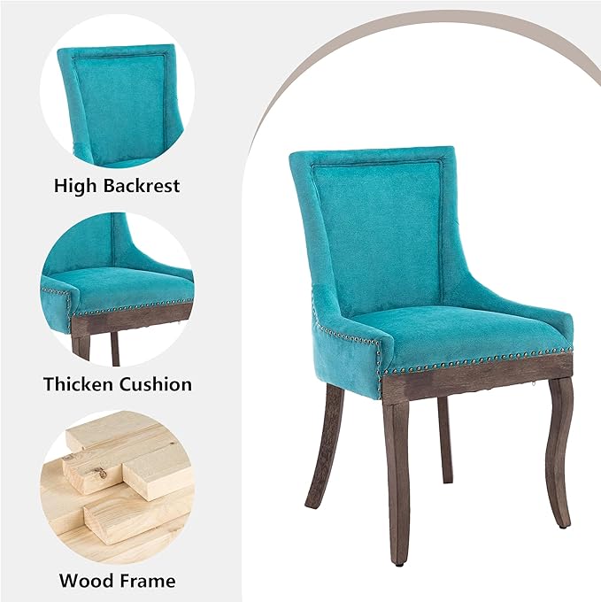 Farmhouse Dining Chairs Set of 2, Upholstered Fabric Dining Room Accent Chairs with Wood Legs & Bronze Nailhead, High Wingback Kitchen Chairs for Living Room Hotel Apartment, Blue