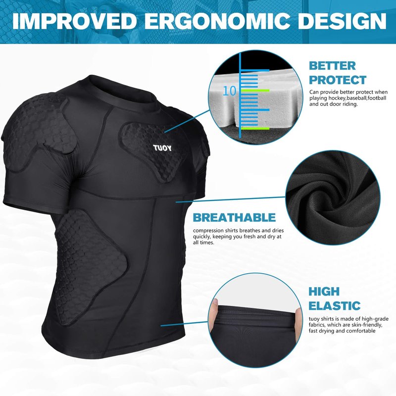 TUOY New Football Rib Chest Protector Shirt Padded Compression Shirts 6 Pads Adult Sizes