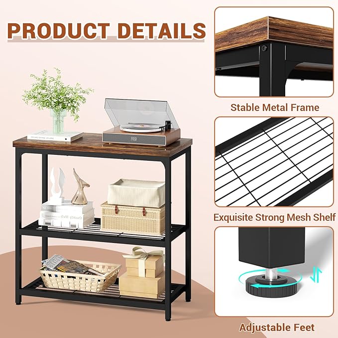 32" Small Console Table with Storage, Narrow Entryway Table, Sofa Table for Living Room, Sturdy 3-Tier Console Tables for Living Room, Hallway, Foyer & Bedroom, Rustic Brown