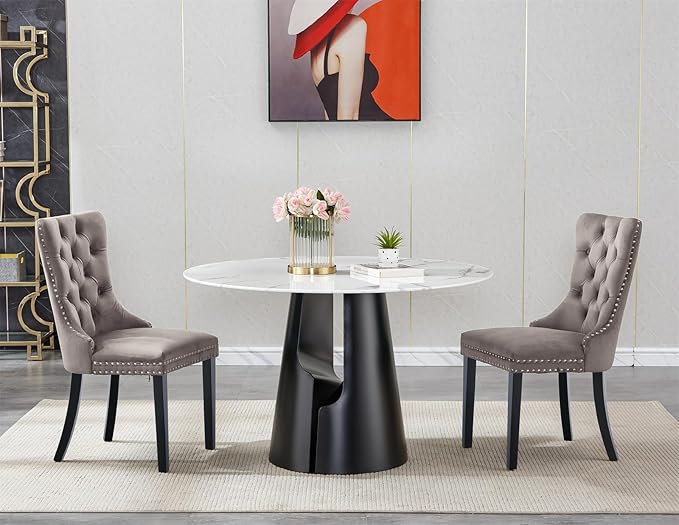 3-Piece Faux Marble Round Dining Table Set for 2, Modern Luxury Kitchen Table Set for 2 with Grey Tufted Chairs,Circle Dining Tables with White Marble Grain Top and Black Pedestal Base
