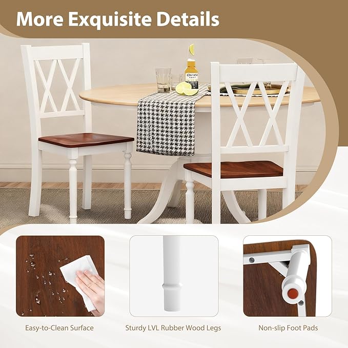 POWERSTONE Wooden Dining Chairs Set of 4, Farmhouse Kitchen Chair with High Backrest, 360 lbs Armless Dinette Seat for Kitchen, Dining Room, Living Room, White and Walnut