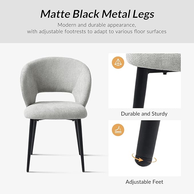 Contemporary Dining Chairs with Armrests – Ergonomic Soft-Padded Seat, Curved Backrest, Matte Black Metal Legs, Comfortable Kitchen & Dining Room Chairs, Set of 4