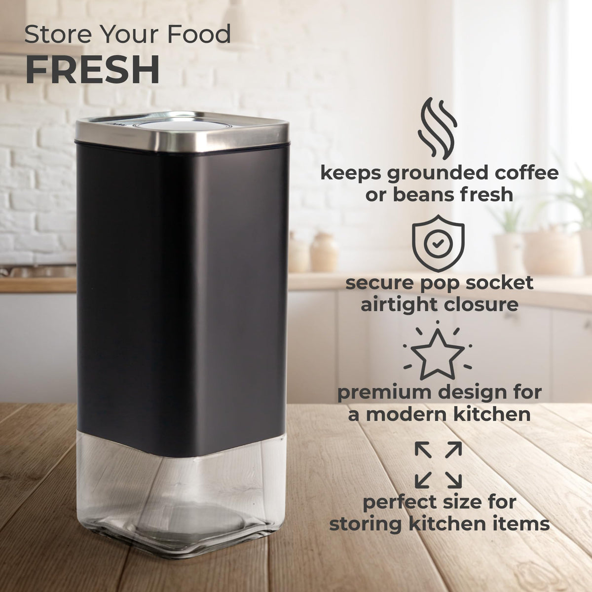 Kaffe Glass Coffee Canister (16oz) w/Airtight Lid - Click to Release Seal - BPA Free Glass & Stainless Steel - Elegant Kitchen Storage Container for Coffee, Nuts, Rice, Flour, Sugar, Tea, Cereal