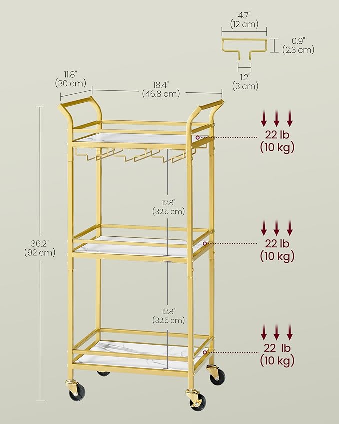 VASAGLE Bar Cart, Home Bar Serving Cart with 3 Tiers, Kitchen Shelf with Wine Rack, Glass Holders, for Small Spaces, Dining Room, Living Room, Pale Gold ULRC101A01