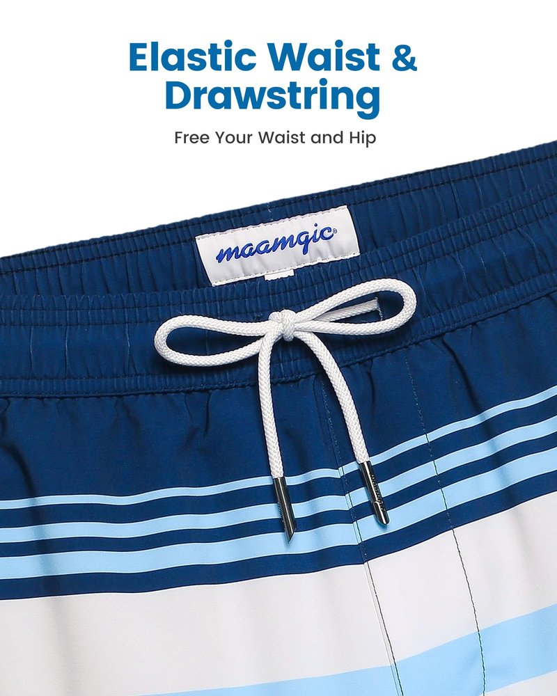 maamgic 2 in 1 Mens Swim Trunks 7 Inch Swim Shorts Swim Suits Board Shorts Blue White Horizontal Stripe XXL