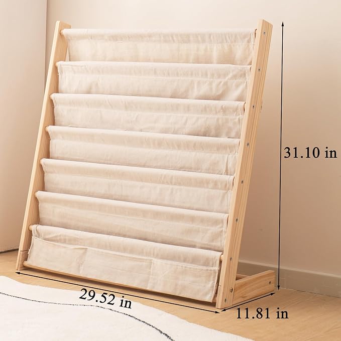Wooden Bookshelf for Kids Wood Bookrack Canvas Book Storage Shelf Display Bookshelf 6 Tier Kids Book Rack for Bedroom Living Room Playroom Storage Organizer Natural (29.52" L x 11.81" W x 31.10" H)