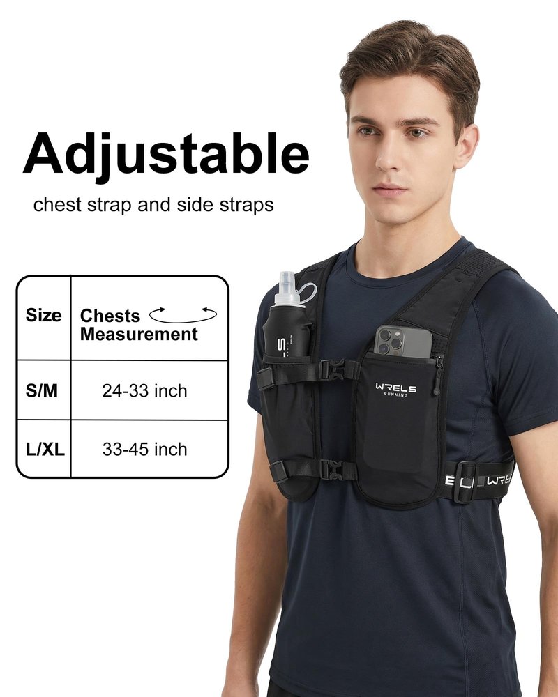 WRELS Running Vest for Women Men,Lightweight Reflective Hydration Vest with TPU 500ml Soft Flask,Adjustable Chest Straps Phone Pocket for Running Marathon