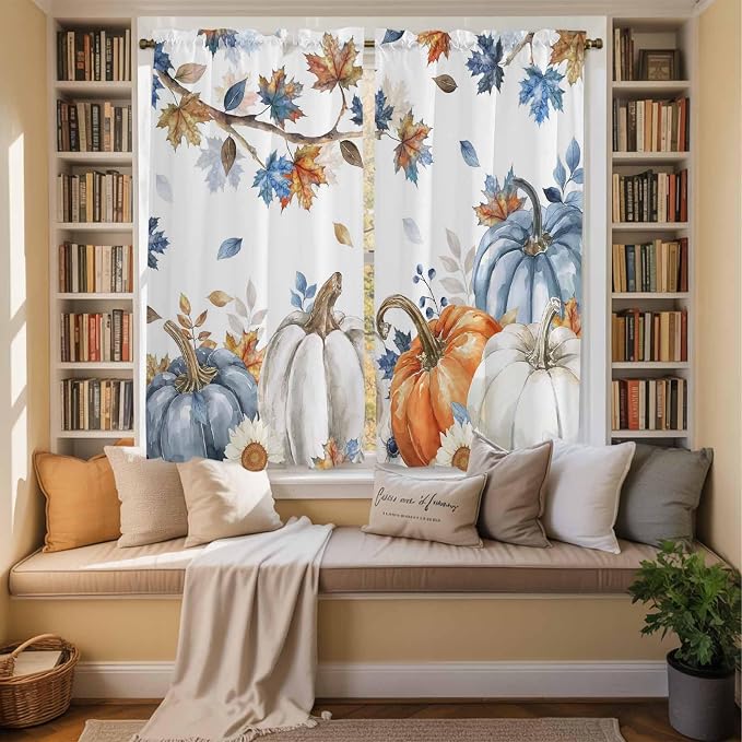 Navy Blue Pumpkin Fall Window Curtains 63 Inch Long 2 Panel Set, Rod Pocket