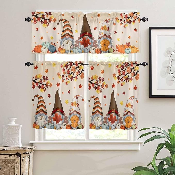 Fall Kitchen Curtain Set, Light Filtering Short Curtains Valance