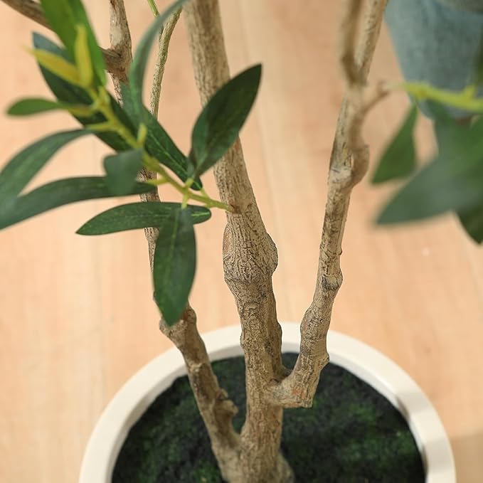 6FT Ficus Trees Artificial Indoor, Faux Silk Plant with Natural Wood Trunk and Lifelike Fruits, White Imitation Ceramic Planter with Green Fake Moss for Modern Home Office Living Room Decor