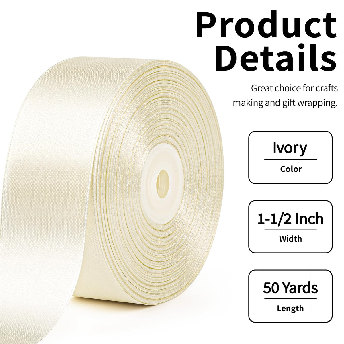 Mauproy 1-1/2 Inch Wide Ivory Satin Ribbon, 50 Yards Solid Polyester Fabric Ribbon for Roses Making, Gift Wrapping, Flower Bouquets, Wedding Decorations, Handmade Crafts