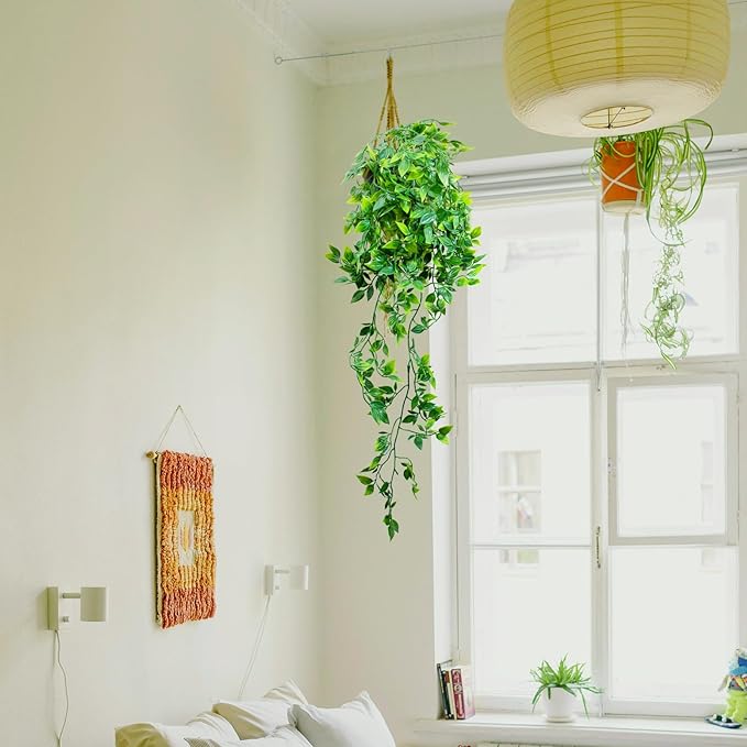 LOYWREE 2 Pack Artificial Hanging Mandala Plant with Pot Faux Plants Indoor Fake Small Potted Plant 28.7-in Long Faux Vine Shelf Decor Ideal for Indoor Outdoor Home Office Decoration (Black Pot)