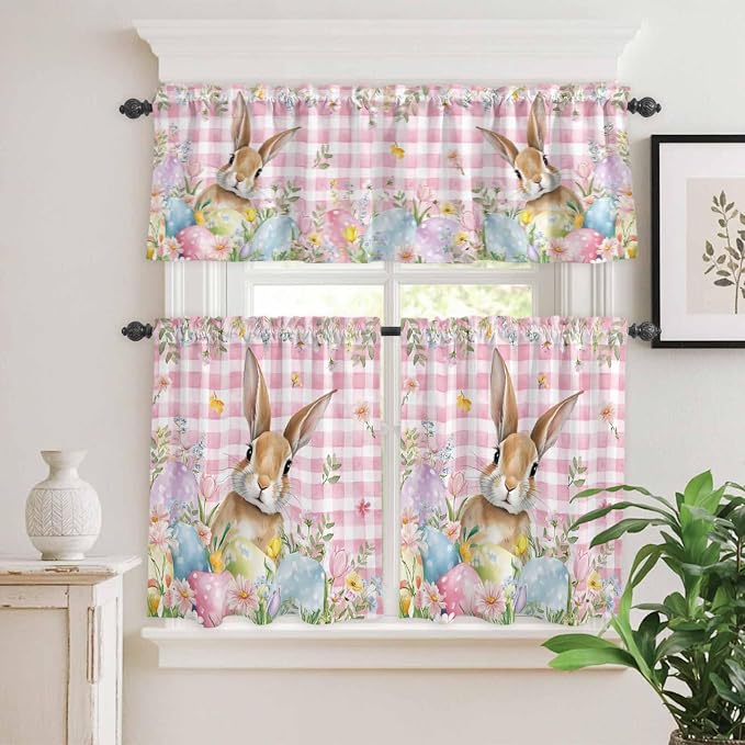Kitchen Curtains Tiers and Valance Set of 3, Easter Light Filtering Window