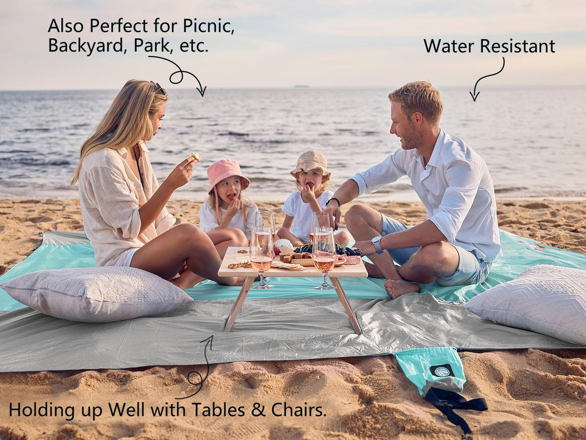 WEKAPO Beach Blanket - Sandproof Waterproof Extra Large Beach Mat | Oversized Sand-Free Lightweight Quick-Drying | Beach Vacation Essentials with Stakes & Corner Pockets (Grey, 9x7 FT)