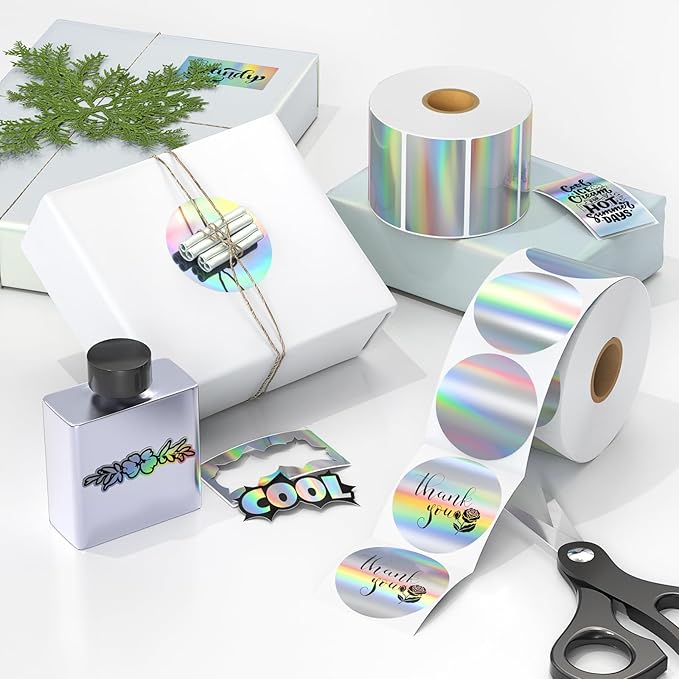 MUNBYN 2.25"x1.25" Holographic Thermal Sticker Labels Silver, Color Self-Adhesive Stickers Label, Glitter Thermal Printer Label for DIY Logo Design, QR Code, Name Tag,500 Sheets/1 Roll